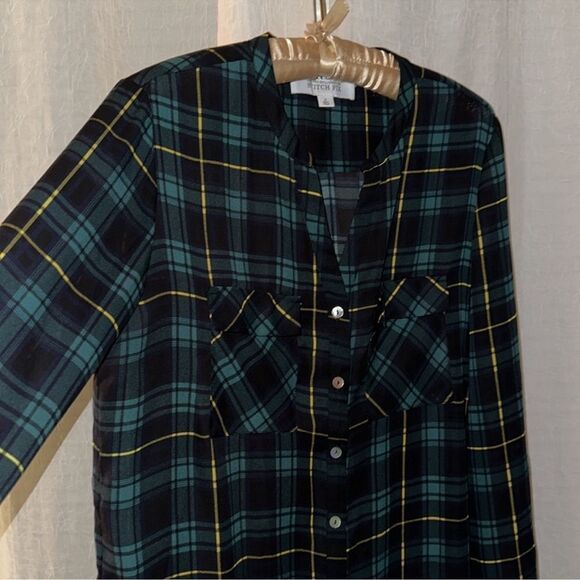aliceblue x Stitch Fix L Green Black Gold Plaid Button Down Long Sleeve Blouse - Picture 7 of 13
